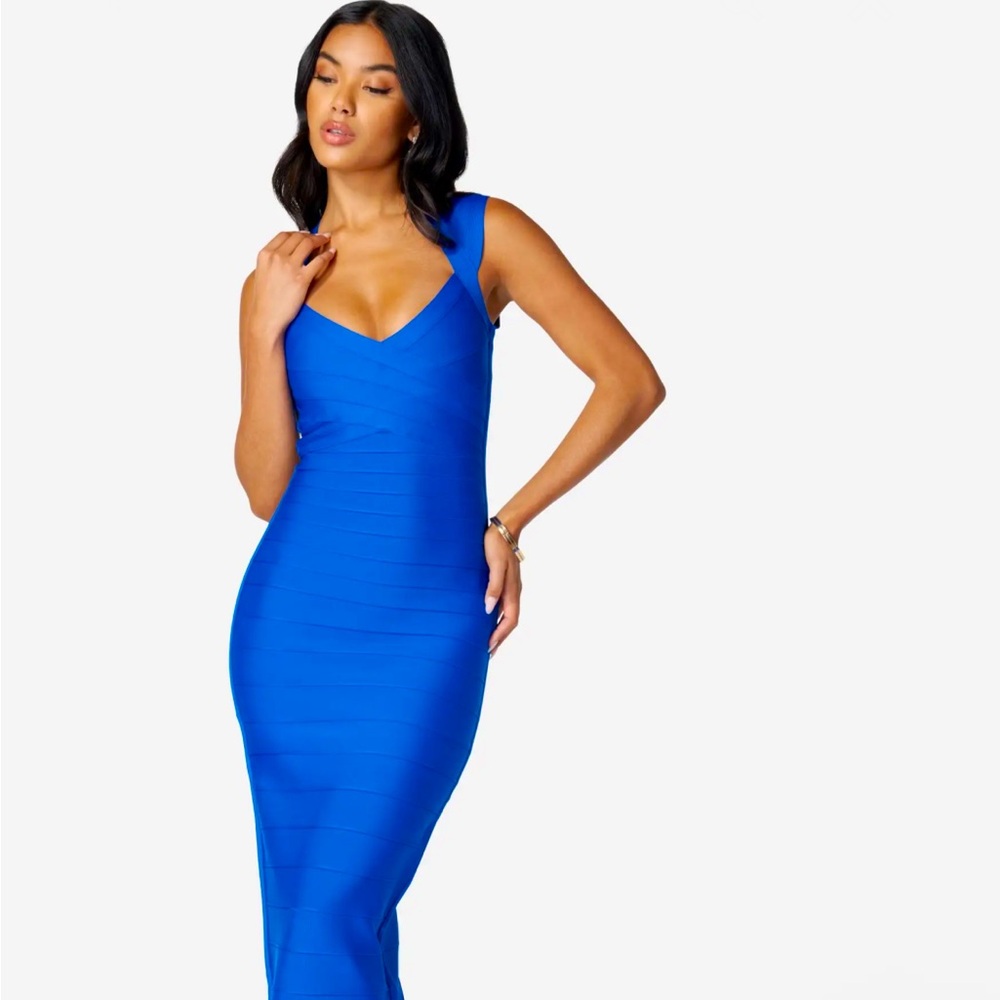bebe Electric Blue Bandage V-Neck Bodycon Dress